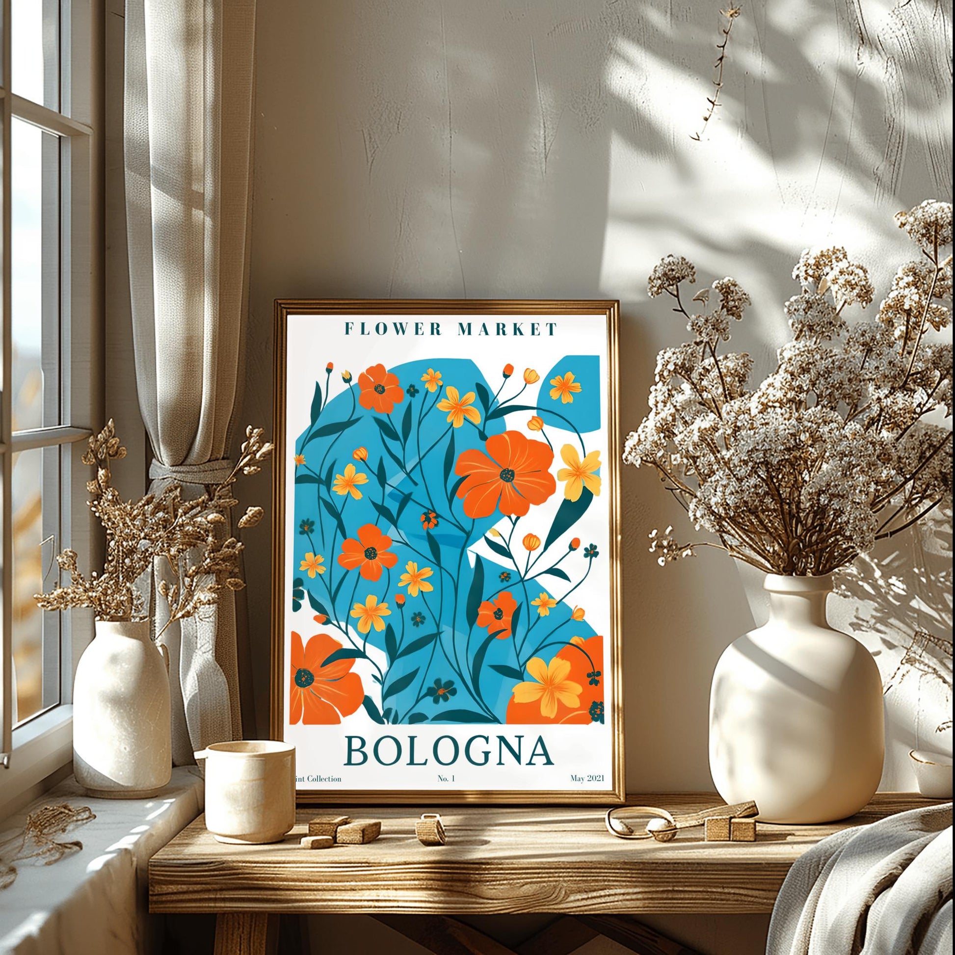 Bologna Flower Market Print ‚Äì Blue & Orange Floral Poster (view 7)