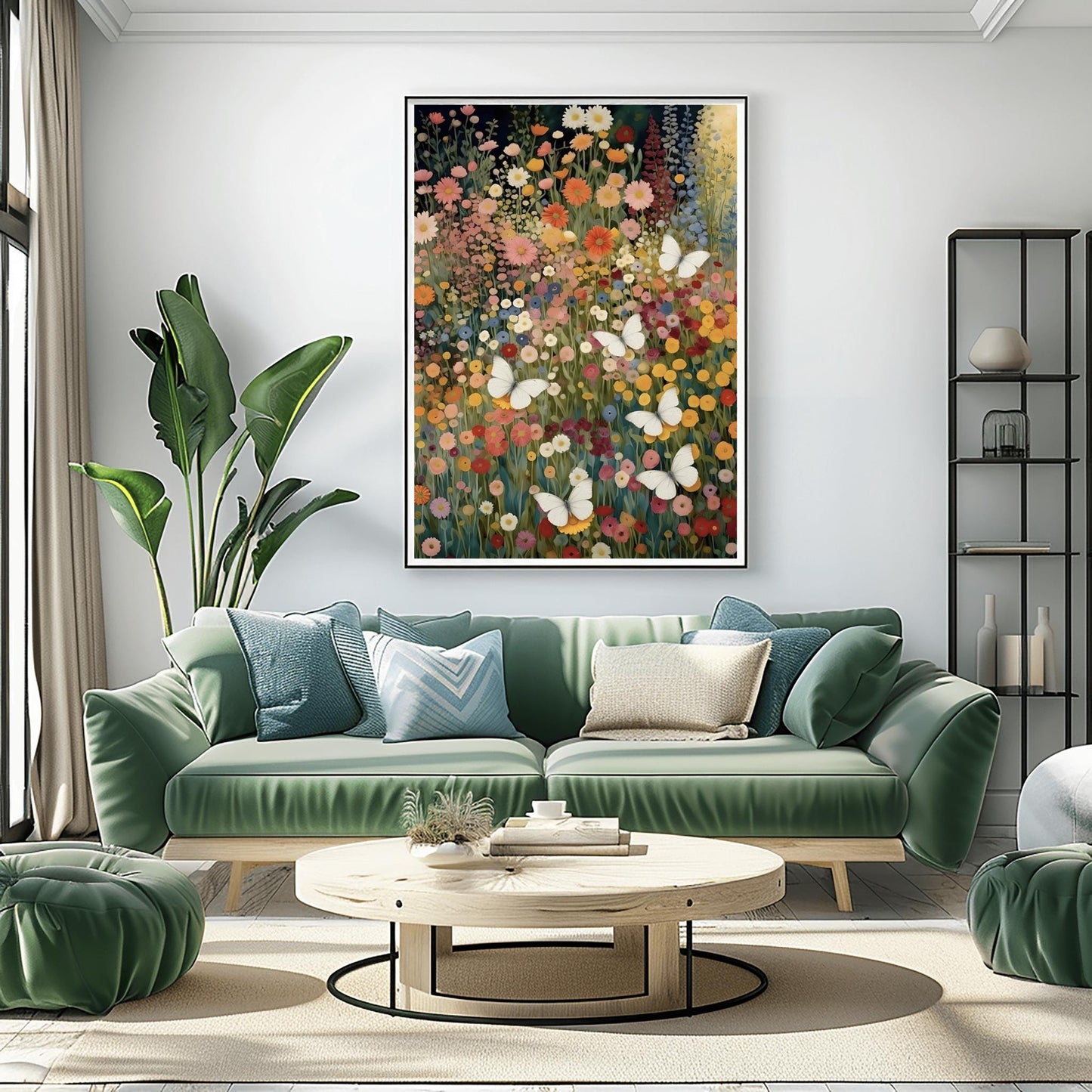 A vertical fine art painting in the style of Gustav Klimt. A dense field of colorful wildflowers in shades of orange, pink, yellow, and red fills the frame. Several large, delicate white butterflies are scattered throughout the meadow, appearing to fly toward a soft golden light in the upper right corner. The style is highly textured with decorative mosaic patterns.