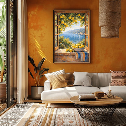 A vertical painterly illustration of an open wooden window looking out at a blue sea with sailboats. On the stone windowsill, a bowl of yellow lemons sits on a striped blue-and-yellow cloth. Lemon tree branches with fruit frame the view from above.