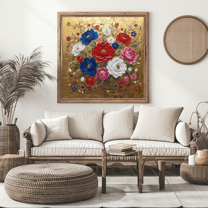 Gustav Klimt Inspired Textured Floral Bouquet ‚Äì Red White Blue Roses (main image)