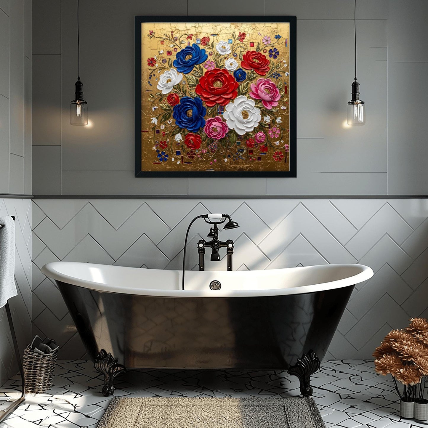 Gustav Klimt Inspired Textured Floral Bouquet ‚Äì Red White Blue Roses (view 2)