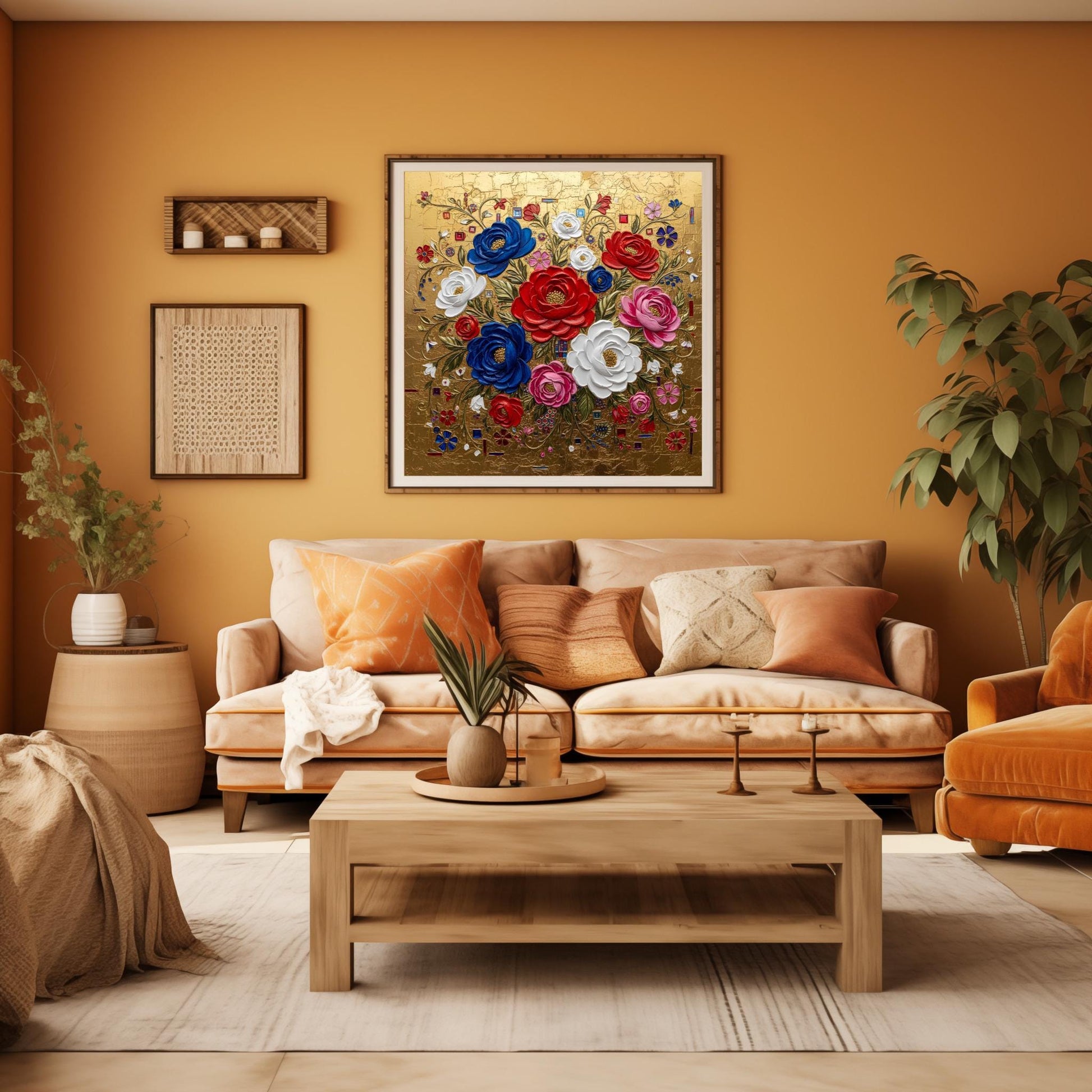 Gustav Klimt Inspired Textured Floral Bouquet ‚Äì Red White Blue Roses (view 3)