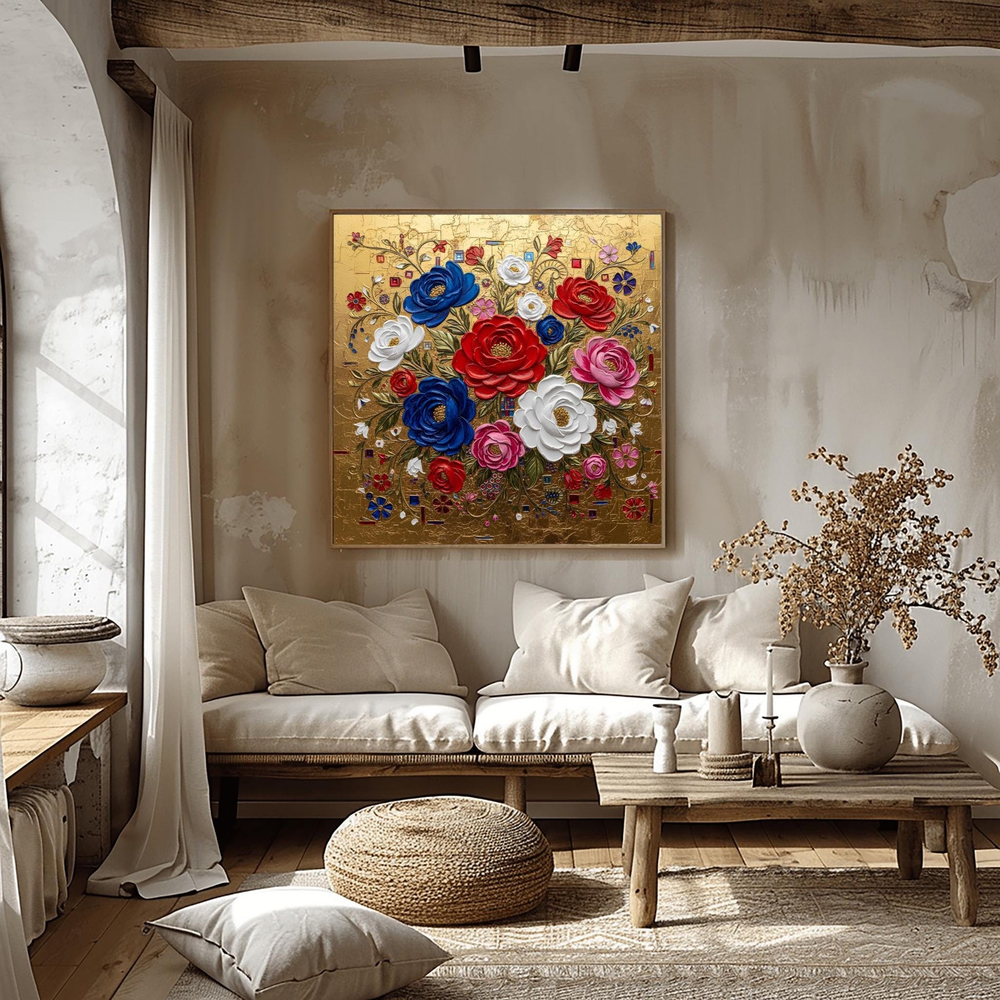 Gustav Klimt Inspired Textured Floral Bouquet ‚Äì Red White Blue Roses (view 5)