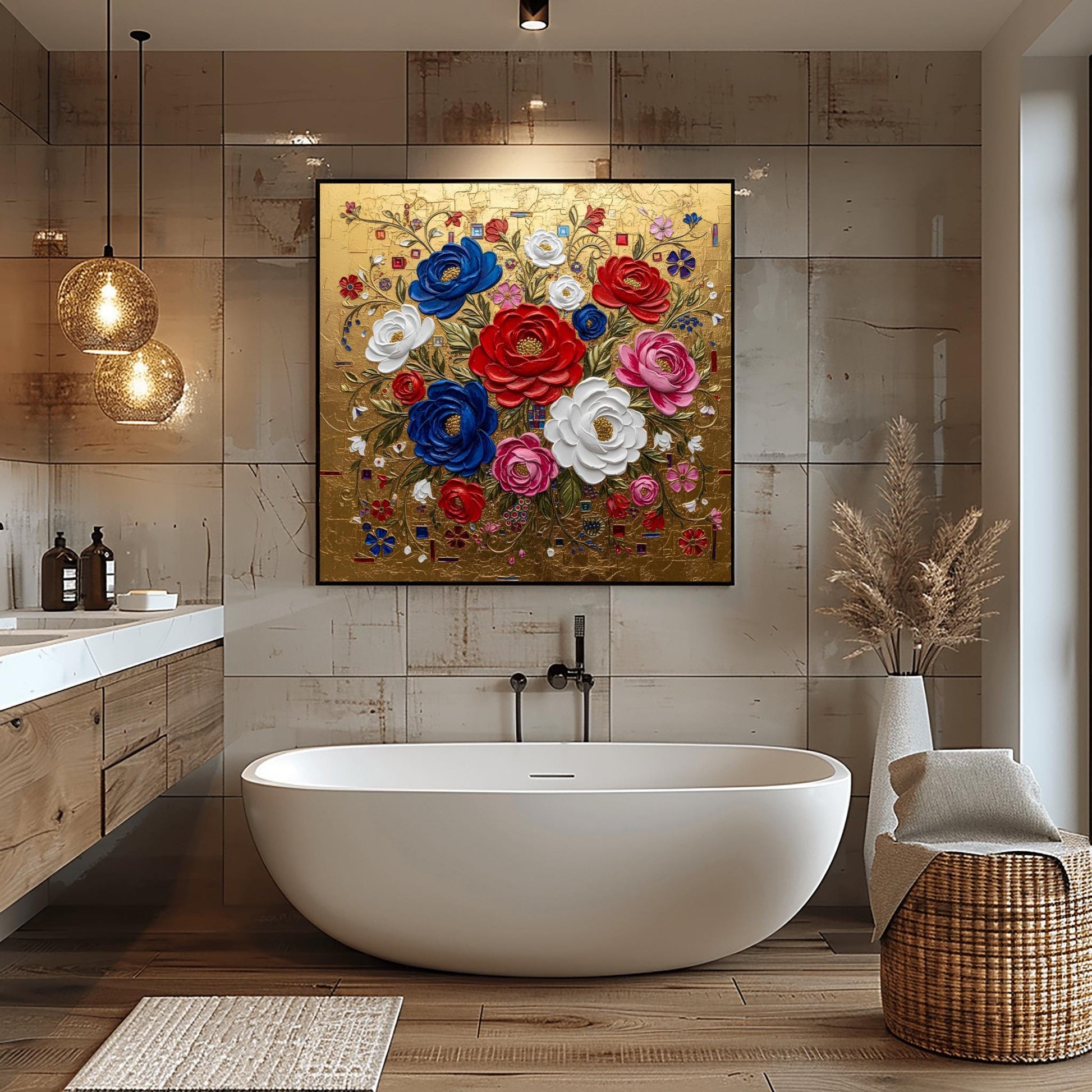 Gustav Klimt Inspired Textured Floral Bouquet ‚Äì Red White Blue Roses (view 6)