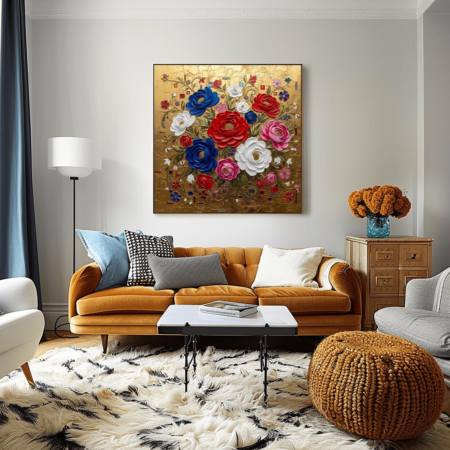 Gustav Klimt Inspired Textured Floral Bouquet ‚Äì Red White Blue Roses (view 7)