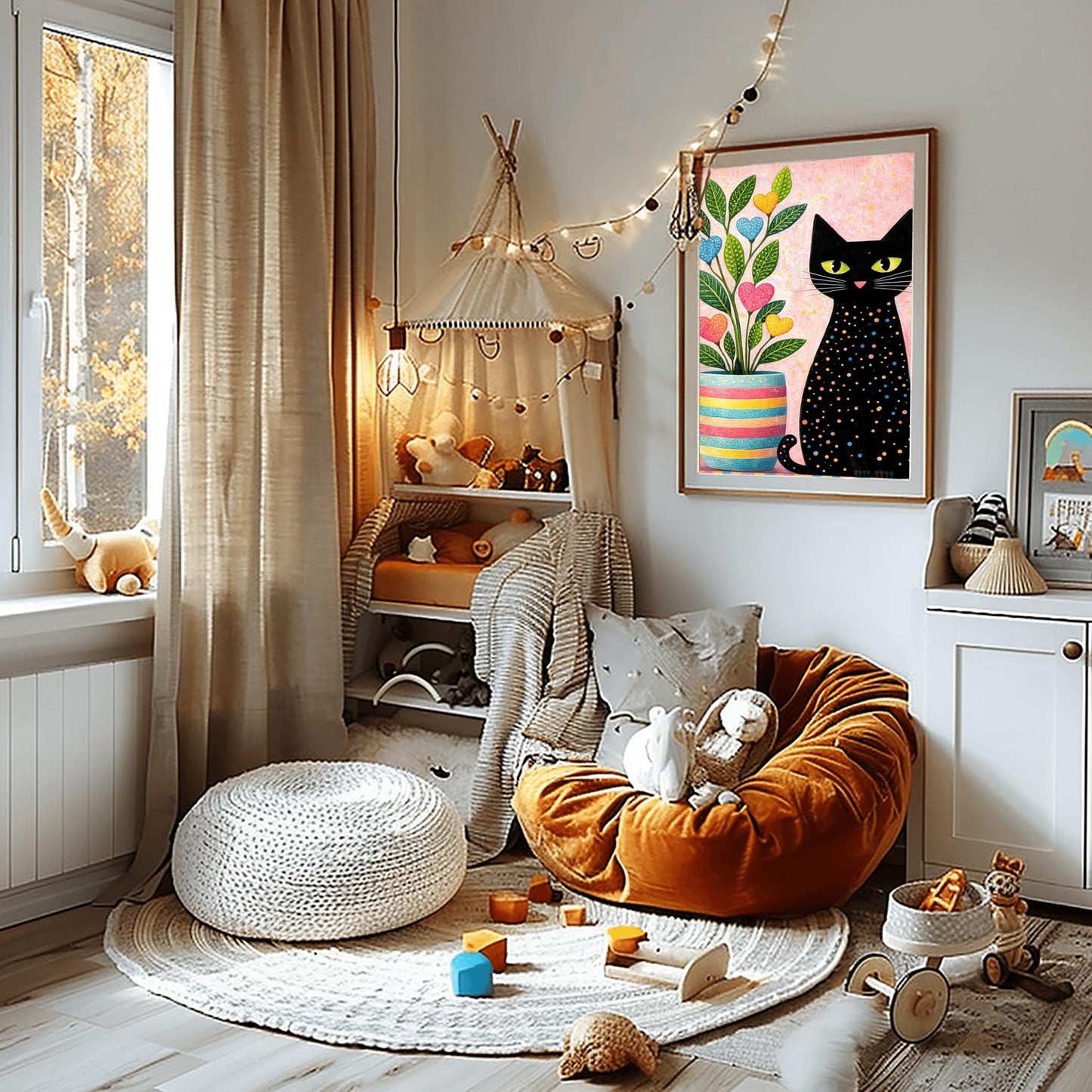 A vertical folk-art style illustration of a black cat sitting next to a colorful potted plant. The black cat is covered in small, multi-colored polka dots and has bright green eyes. The plant to its left is in a striped pink, yellow, and blue pot and features green leaves with heart-shaped "flowers" in pink, blue, and yellow. The background is a textured light pink with yellow paint splatters.