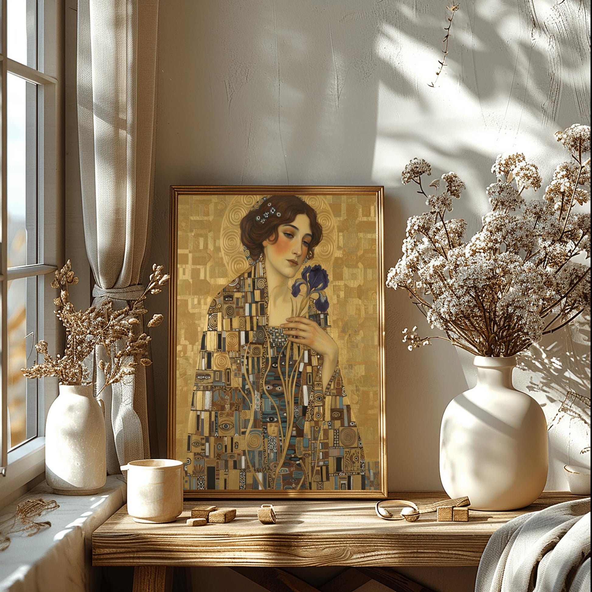 A vertical fine art portrait in the style of Gustav Klimt. A woman with auburn hair and a serene expression holds a deep purple iris. She wears an intricate robe made of gold and blue mosaic patterns with "eye" motifs. She is set against a textured gold leaf background with a large golden halo behind her head.