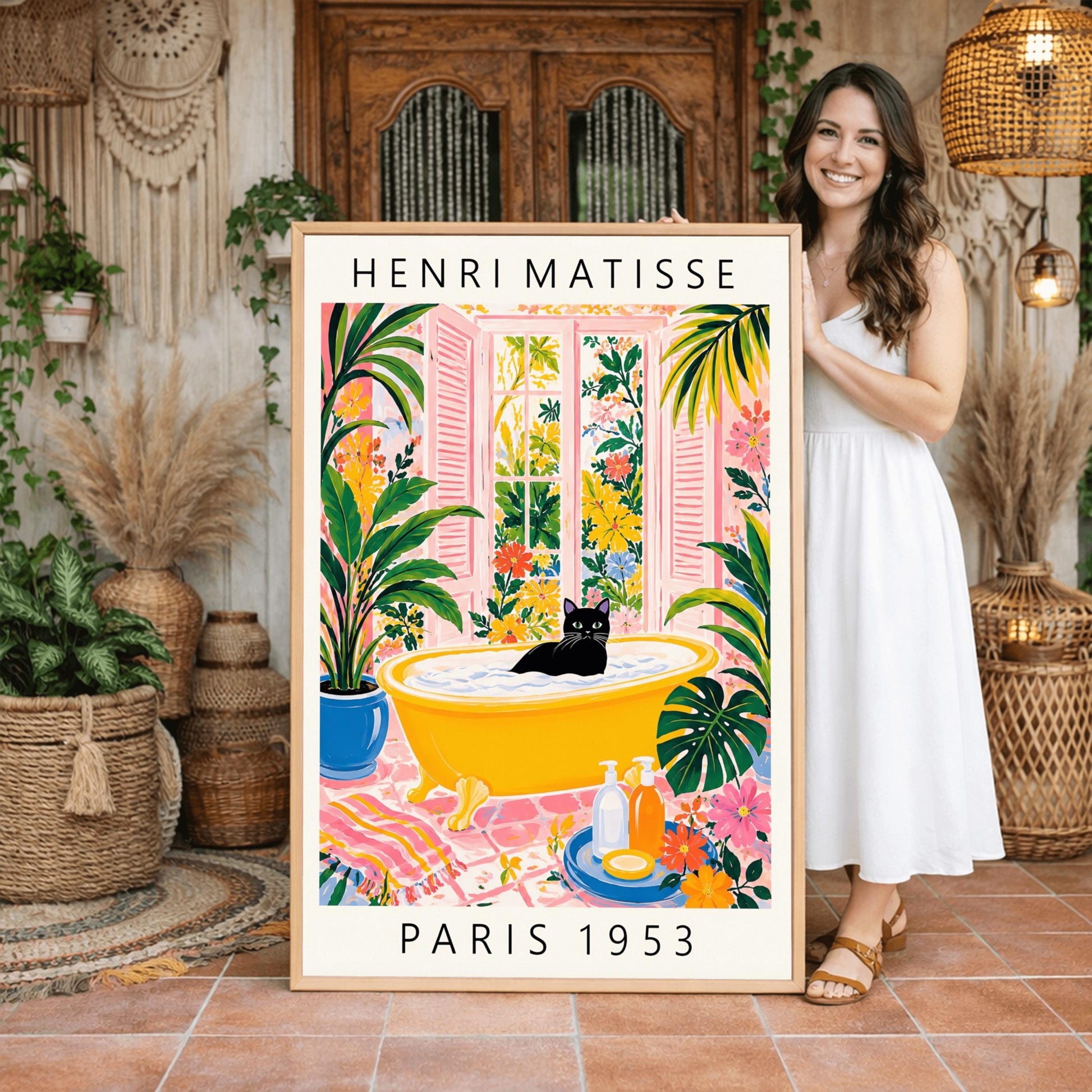 A vertical minimalist fine art exhibition poster in the style of Henri Matisse, featuring a wide white border layout. In the center, a solid black silhouette illustrates a cat in a crouching pose against a vibrant mustard yellow background block. The central composition is accented by flat paper-cut abstract shapes, including a royal blue coral leaf on the left and a terracotta red shape on the right against a solid white backdrop.