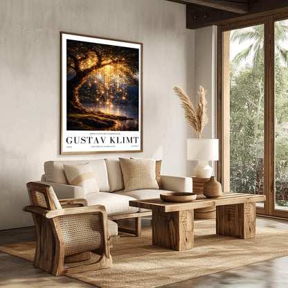 A vertical full-bleed illustration of a weeping willow tree at night in the style of Gustav Klimt. The branches hang down like strings of golden lights over a dark lake. The water reflects the golden glow, and the tree stands on a mossy bank against a dark forest background.