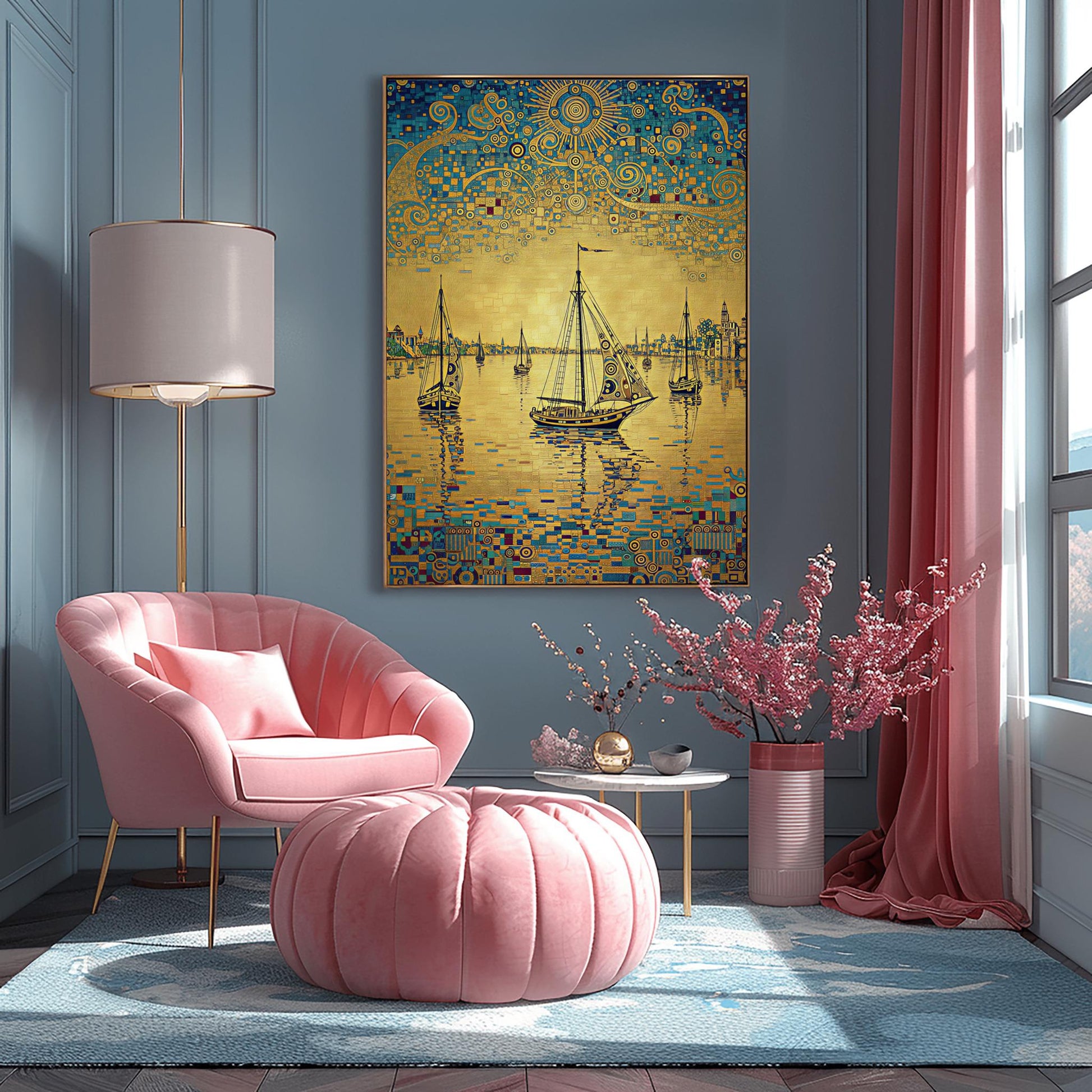 Gustav Klimt Inspired Golden Yacht Print Art Nouveau Boat Poster ‚Äì Luxurious Gold Wall Art (main image)