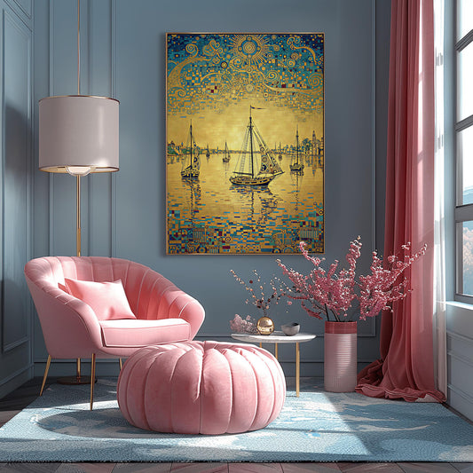 Gustav Klimt Inspired Golden Yacht Print Art Nouveau Boat Poster ‚Äì Luxurious Gold Wall Art (main image)
