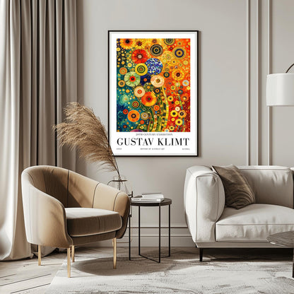 A vertical museum exhibition poster in the style of Gustav Klimt. The central image is a dense, colorful mosaic of stylized flowers in teal, orange, and red. The artwork is surrounded by a white border with bold black text that reads "GUSTAV KLIMT" and "20TH CENTURY EXHIBITION."