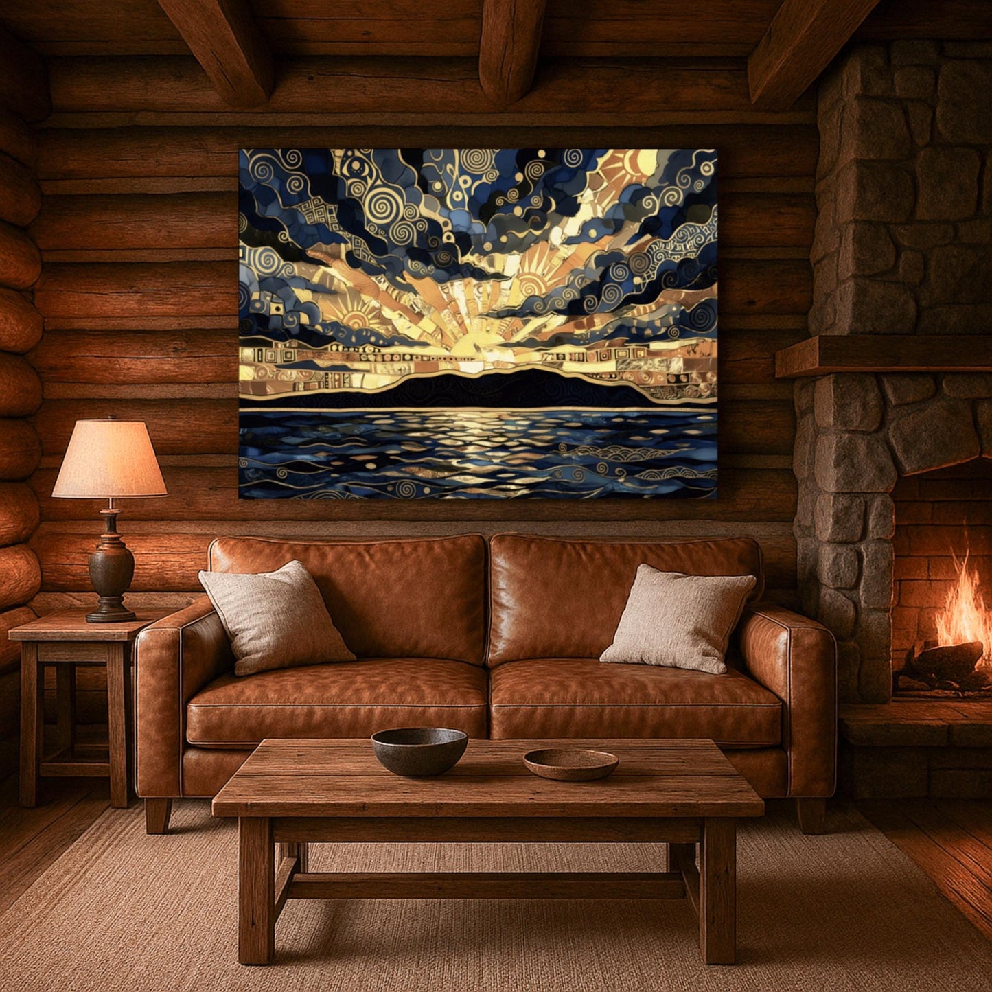 Gustav Klimt Inspired Golden Sunset Mosaic ‚Äì Art Nouveau Landscape Print (main image)