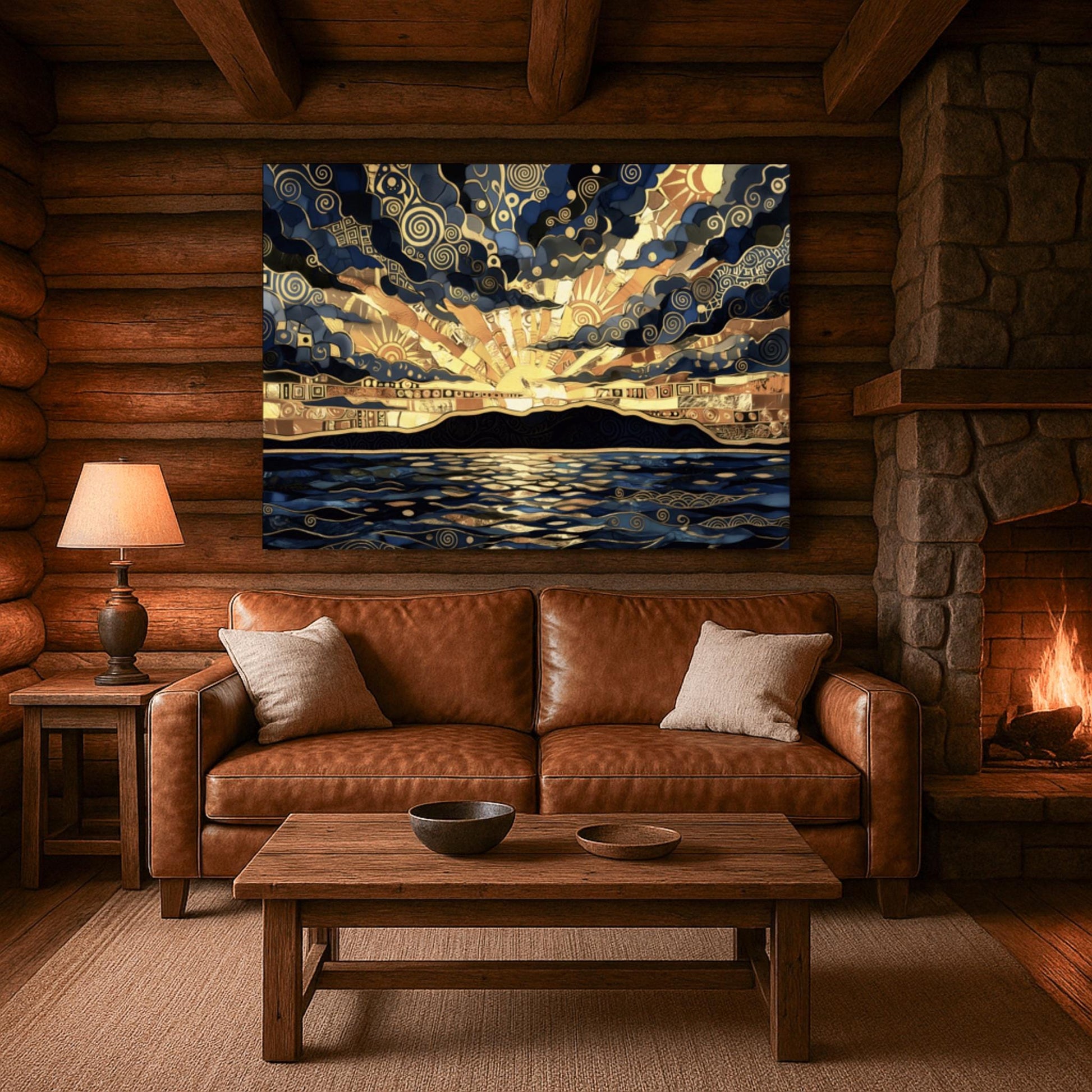 Gustav Klimt Inspired Golden Sunset Mosaic ‚Äì Art Nouveau Landscape Print (main image)