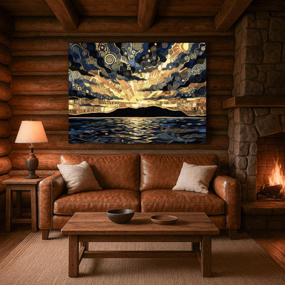 Gustav Klimt Inspired Golden Sunset Mosaic ‚Äì Art Nouveau Landscape Print (main image)