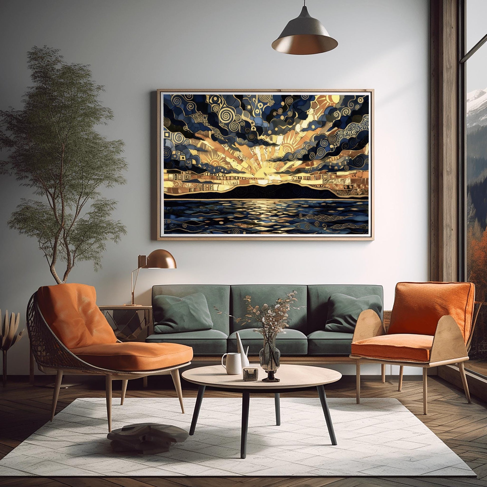 Gustav Klimt Inspired Golden Sunset Mosaic ‚Äì Art Nouveau Landscape Print (view 2)