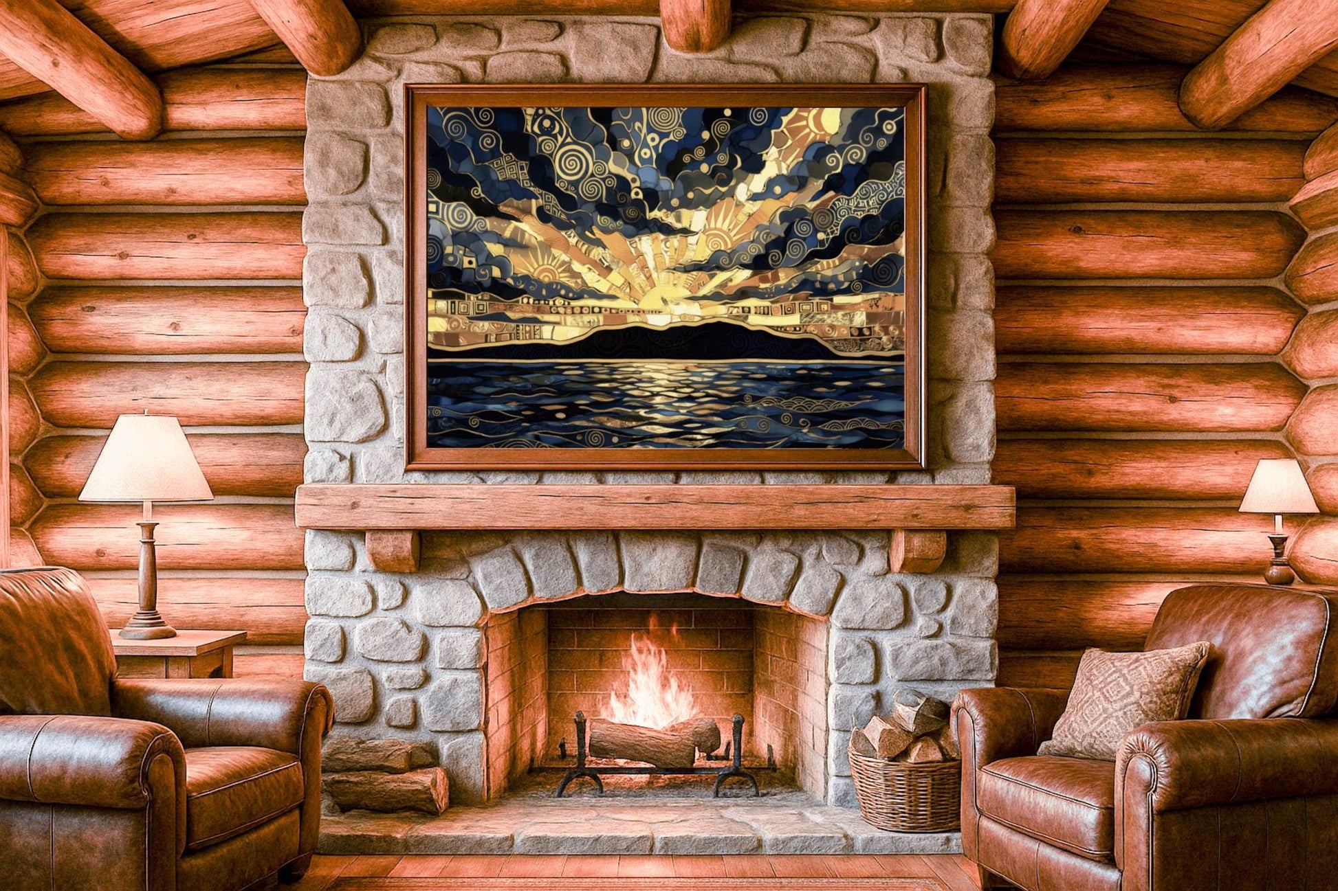 Gustav Klimt Inspired Golden Sunset Mosaic ‚Äì Art Nouveau Landscape Print (view 5)