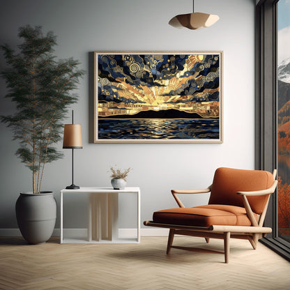 Gustav Klimt Inspired Golden Sunset Mosaic ‚Äì Art Nouveau Landscape Print (view 6)