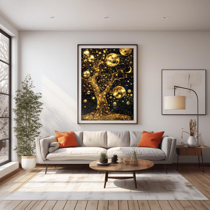 Gustav Klimt Inspired Celestial Tree Art ‚Äì Golden Night Sky Print (main image)