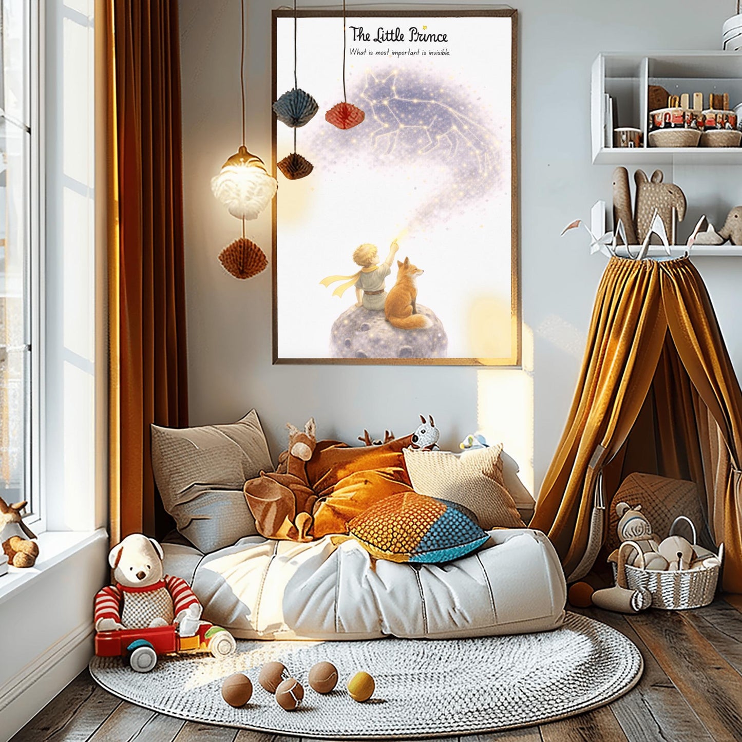 The Little Prince and Fox Art - "What is Essential is Invisible" Quote - Starry Fox Constellation Poster