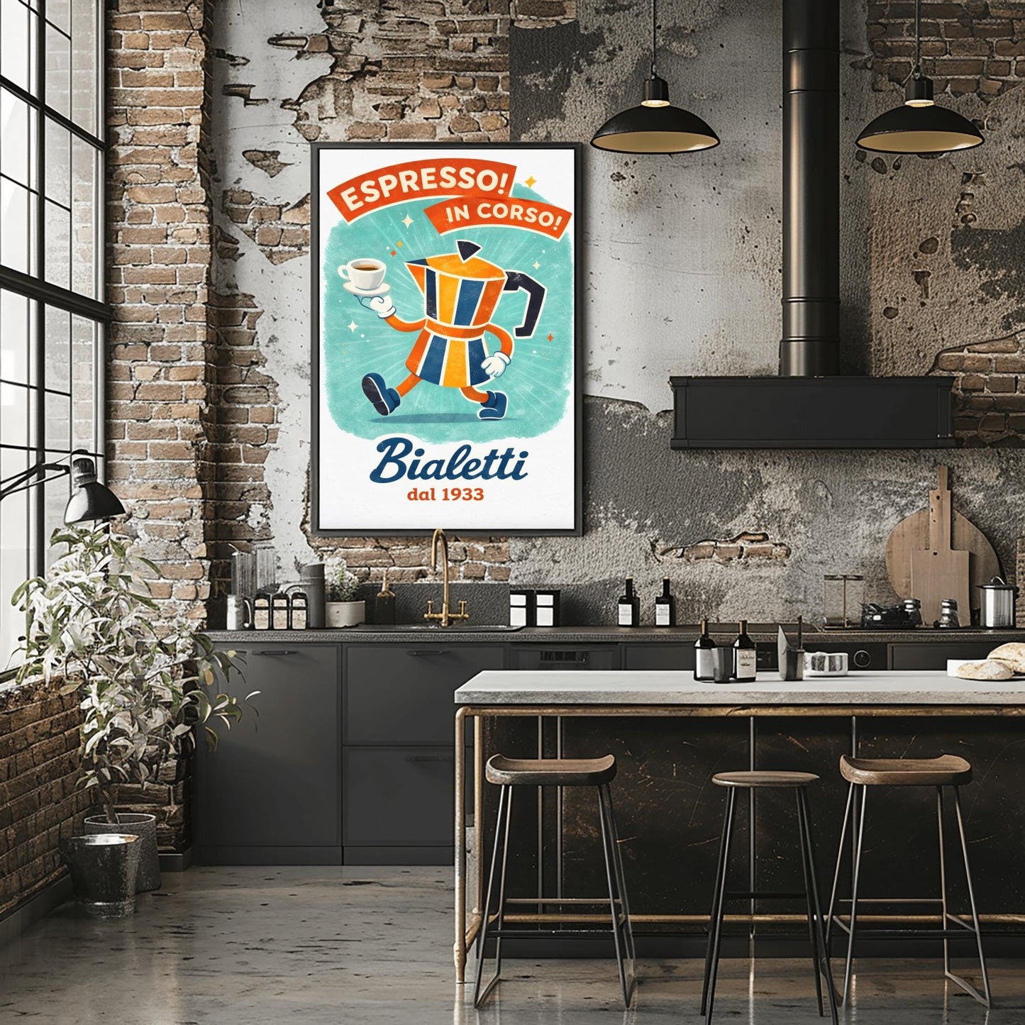 Espresso In Corso Bialetti Poster - Italian Coffee Progress Art - Whimsical Moka Pot Kitchen Decor - Retro Cafe Wall Art