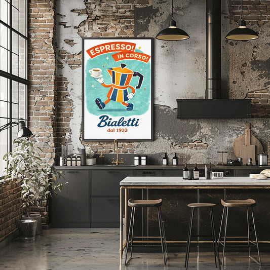 Espresso In Corso Bialetti Poster - Italian Coffee Progress Art - Whimsical Moka Pot Kitchen Decor - Retro Cafe Wall Art