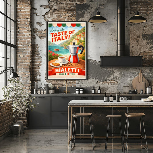 Bialetti Taste of Italy Poster - Coastal Italian Espresso Art - Vintage Amalfi Coast Travel Print - Retro Moka Pot Kitchen Decor