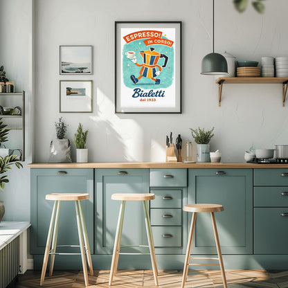 Espresso In Corso Bialetti Poster - Italian Coffee Progress Art - Whimsical Moka Pot Kitchen Decor - Retro Cafe Wall Art