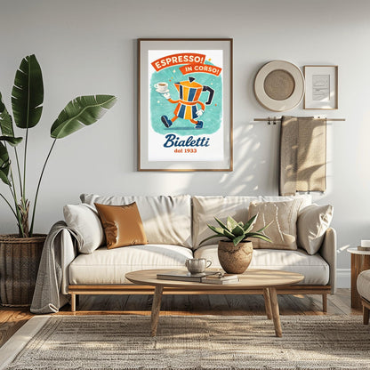 Espresso In Corso Bialetti Poster - Italian Coffee Progress Art - Whimsical Moka Pot Kitchen Decor - Retro Cafe Wall Art