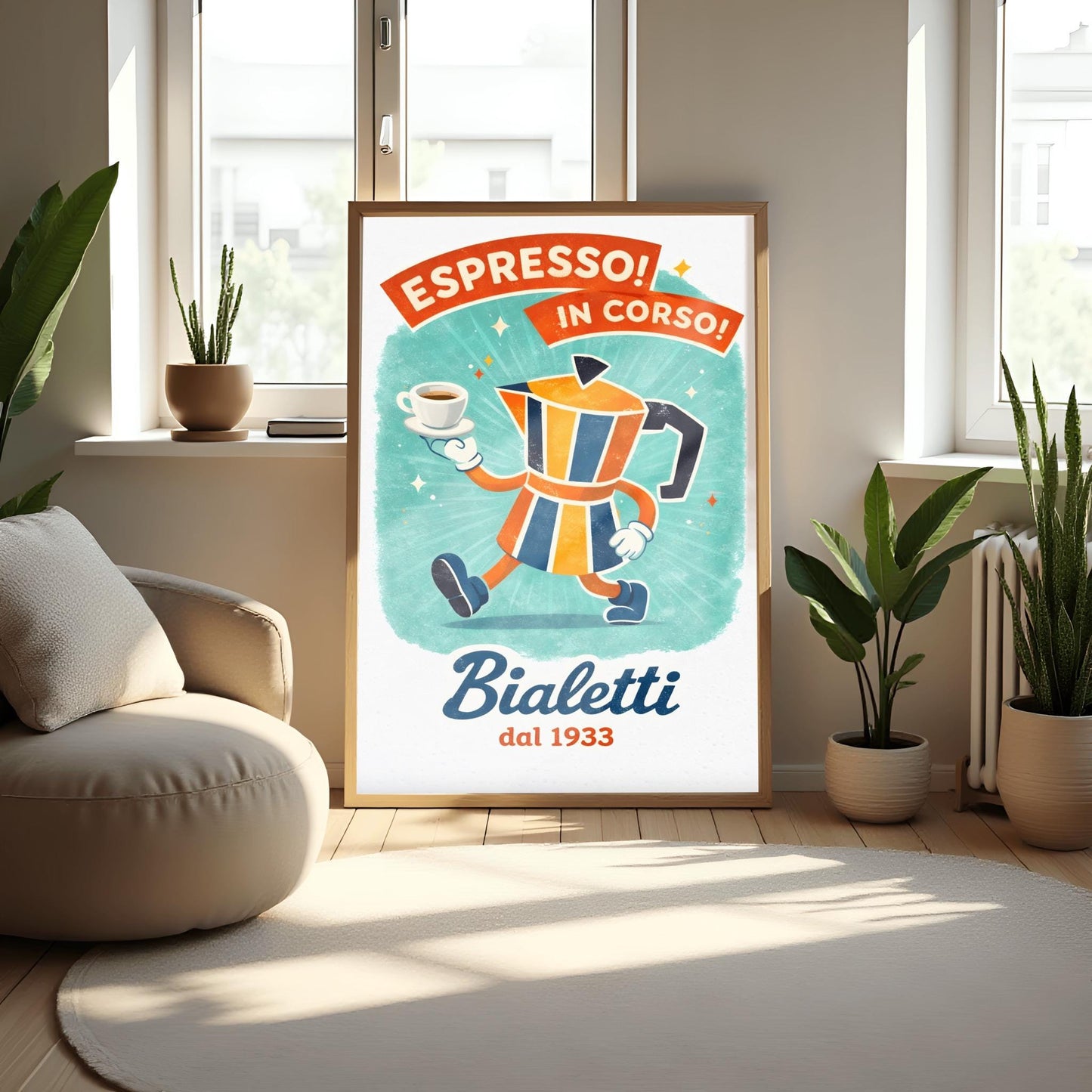 Espresso In Corso Bialetti Poster - Italian Coffee Progress Art - Whimsical Moka Pot Kitchen Decor - Retro Cafe Wall Art