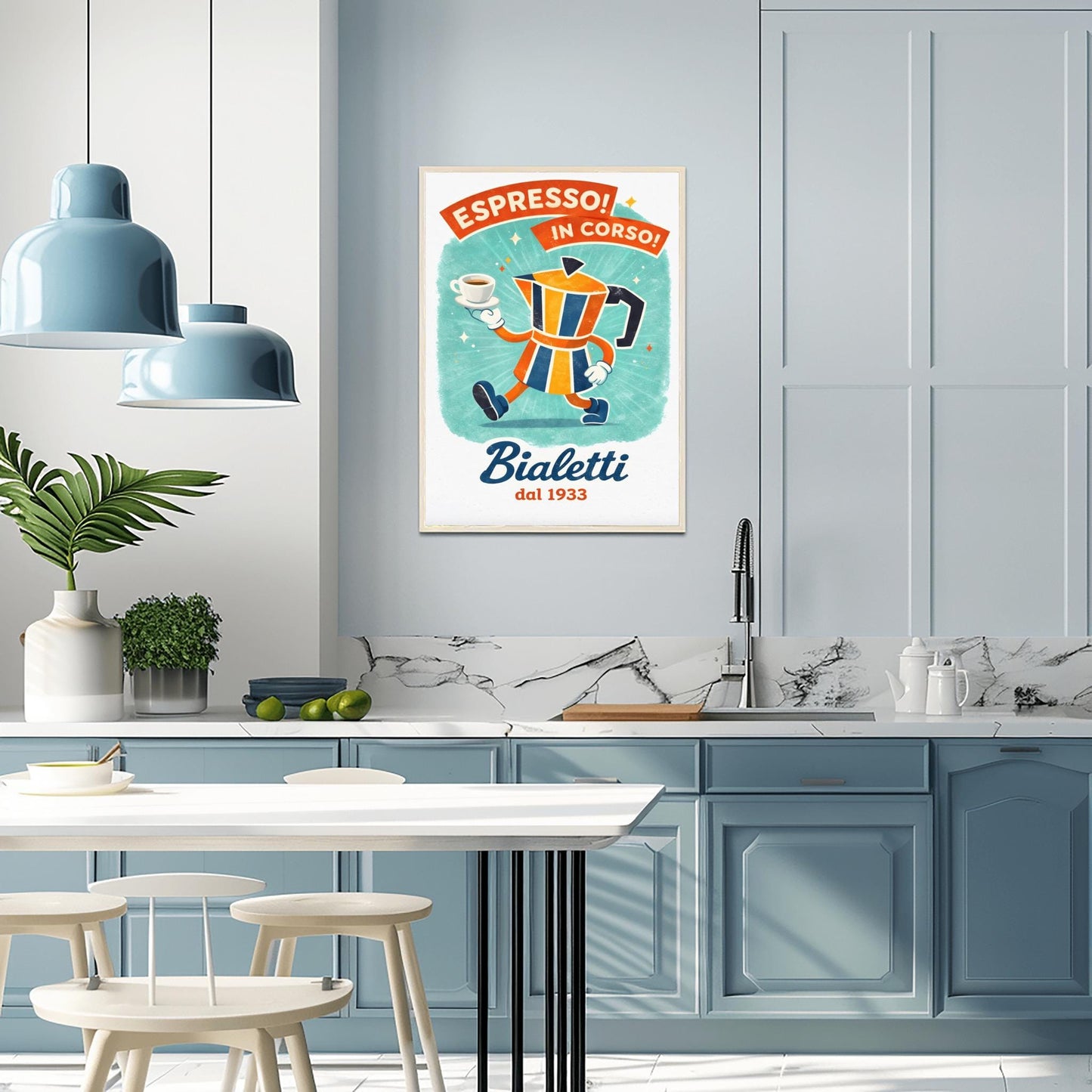 Espresso In Corso Bialetti Poster - Italian Coffee Progress Art - Whimsical Moka Pot Kitchen Decor - Retro Cafe Wall Art