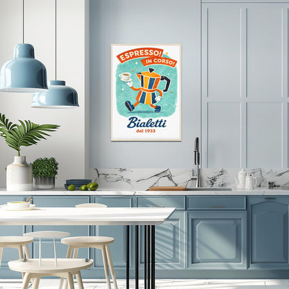 Espresso In Corso Bialetti Poster - Italian Coffee Progress Art - Whimsical Moka Pot Kitchen Decor - Retro Cafe Wall Art
