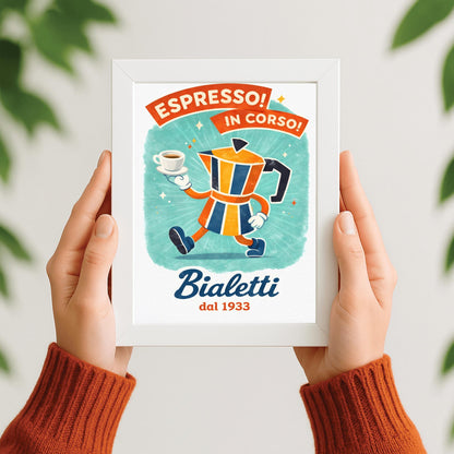 Espresso In Corso Bialetti Poster - Italian Coffee Progress Art - Whimsical Moka Pot Kitchen Decor - Retro Cafe Wall Art