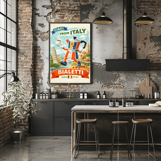 Ciao from Italy Bialetti Poster - Vintage Style Moka Pot Art - Retro Italian Travel Wall Decor - Whimsical Coffee Bar Illustration