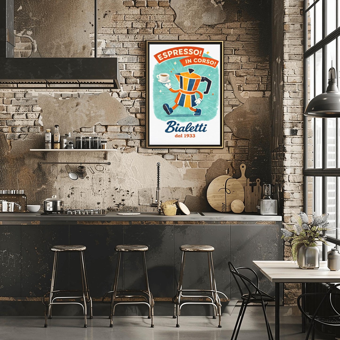 Espresso In Corso Bialetti Poster - Italian Coffee Progress Art - Whimsical Moka Pot Kitchen Decor - Retro Cafe Wall Art