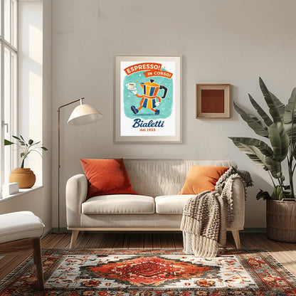 Espresso In Corso Bialetti Poster - Italian Coffee Progress Art - Whimsical Moka Pot Kitchen Decor - Retro Cafe Wall Art