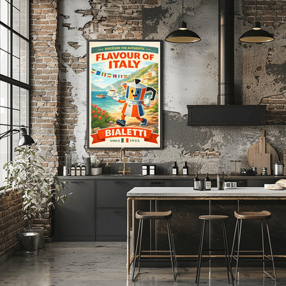 Bialetti Moka Pot Poster - Discover the Authentic Flavour of Italy - Whimsical Italian Coastal Kitchen Art - Retro Coffee Bar Decor