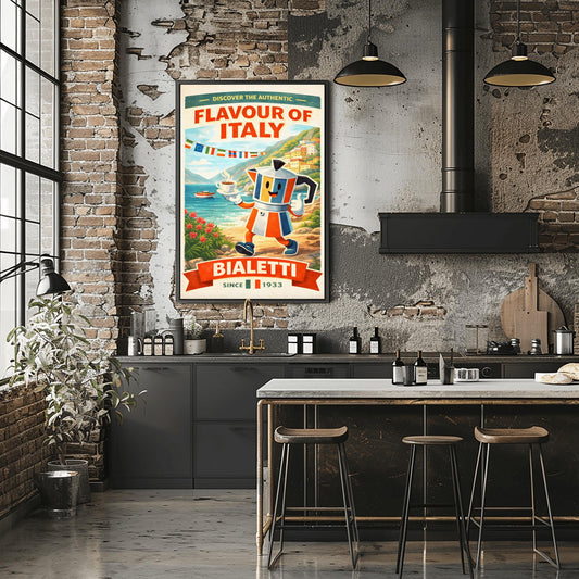 Bialetti Moka Pot Poster - Discover the Authentic Flavour of Italy - Whimsical Italian Coastal Kitchen Art - Retro Coffee Bar Decor