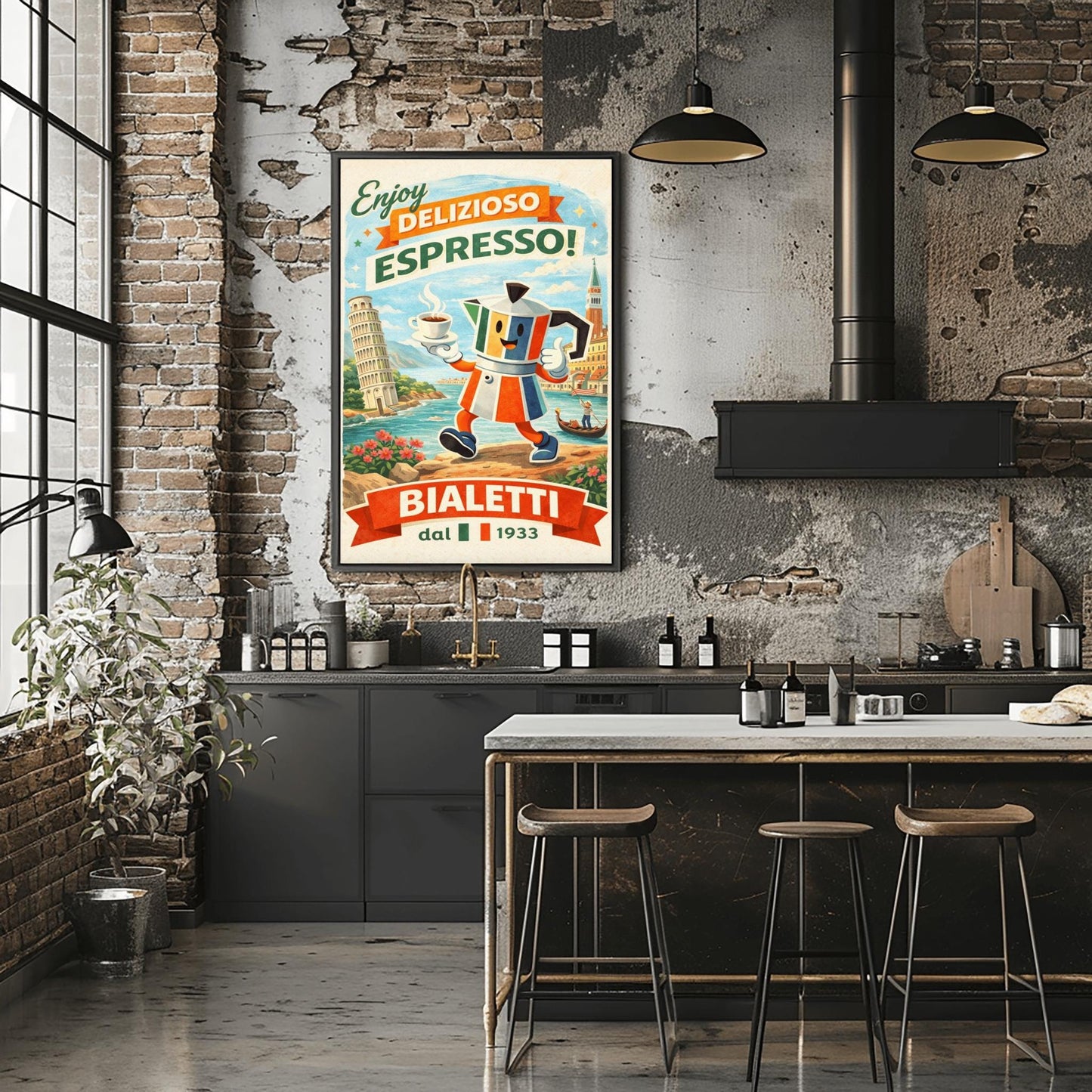Bialetti Moka Whimsical Bialetti Moka Pot Poster - Retro Italian Espresso Wall Art - Vintage Italy Travel Illustration