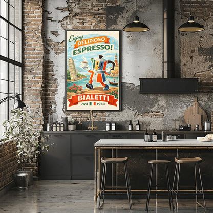 Bialetti Moka Whimsical Bialetti Moka Pot Poster - Retro Italian Espresso Wall Art - Vintage Italy Travel Illustration