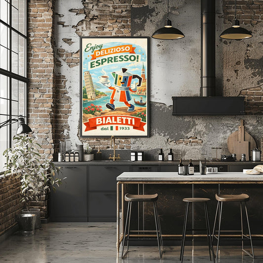 Bialetti Moka Whimsical Bialetti Moka Pot Poster - Retro Italian Espresso Wall Art - Vintage Italy Travel Illustration