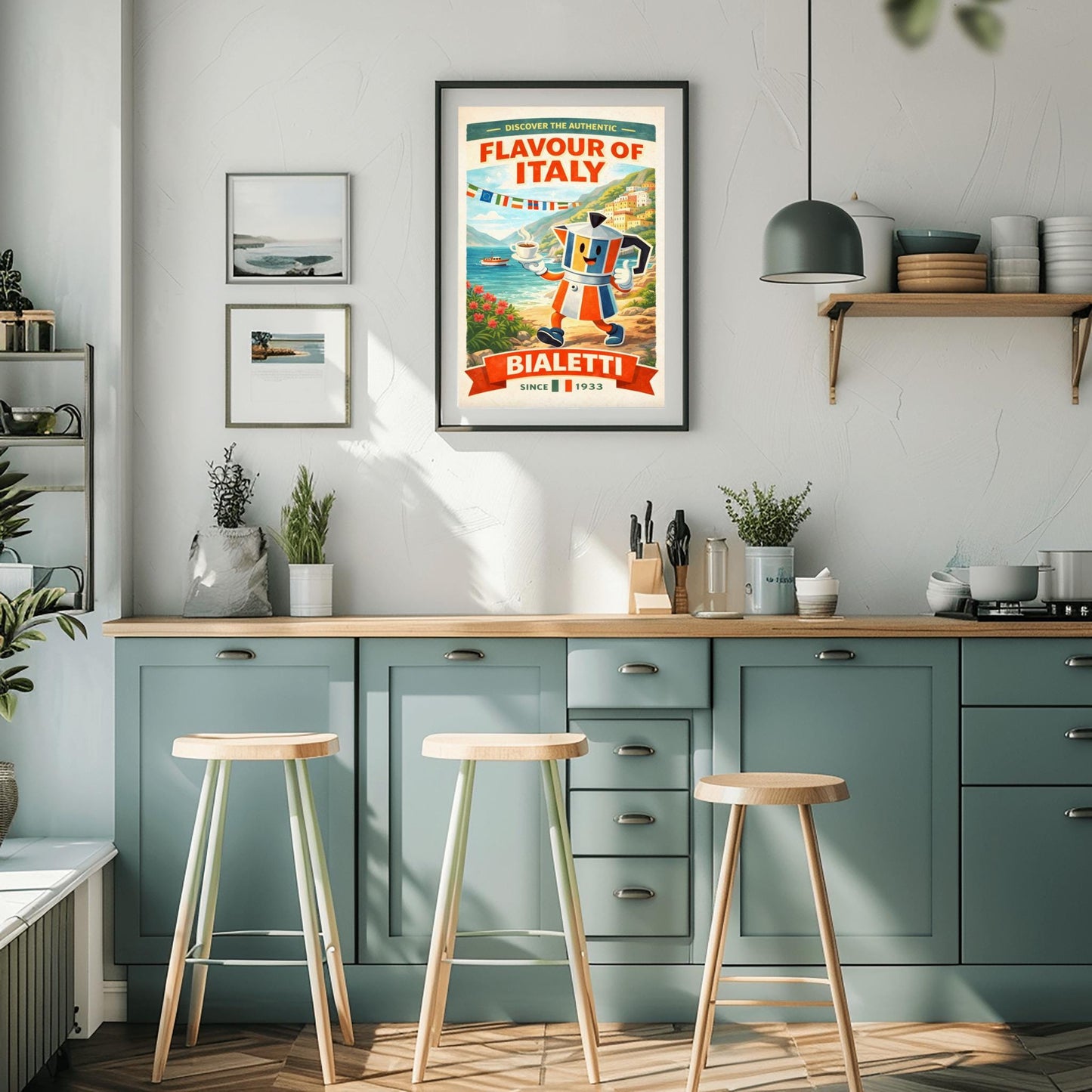 Bialetti Moka Pot Poster - Discover the Authentic Flavour of Italy - Whimsical Italian Coastal Kitchen Art - Retro Coffee Bar Decor