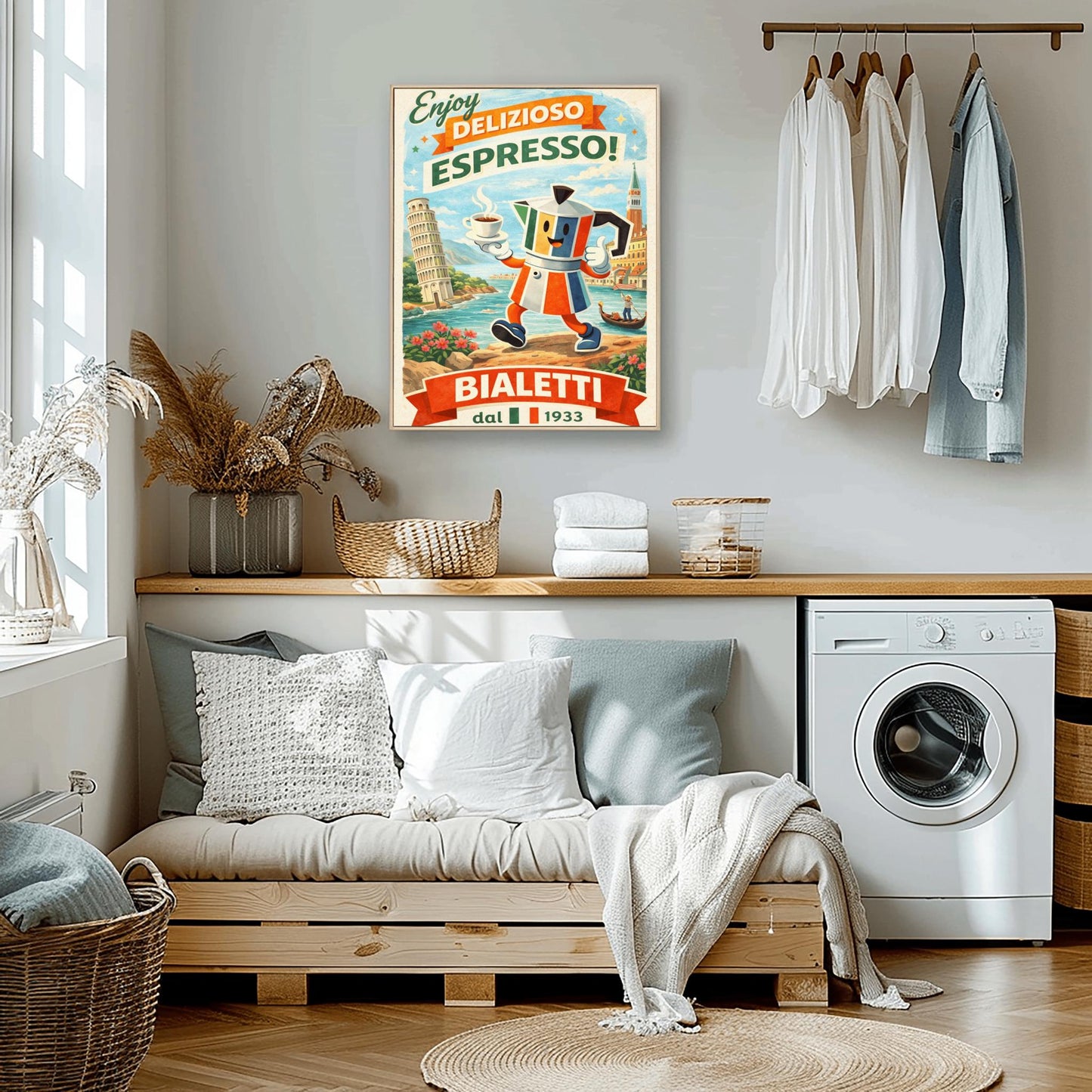 Bialetti Moka Whimsical Bialetti Moka Pot Poster - Retro Italian Espresso Wall Art - Vintage Italy Travel Illustration