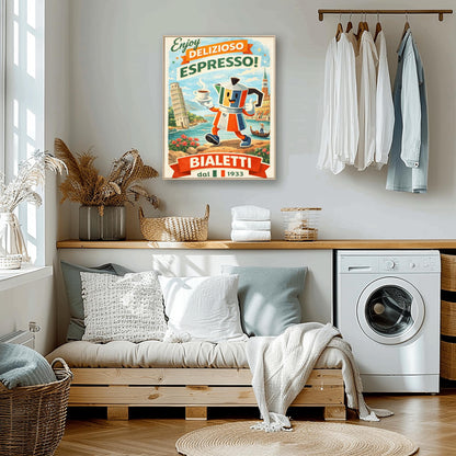 Bialetti Moka Whimsical Bialetti Moka Pot Poster - Retro Italian Espresso Wall Art - Vintage Italy Travel Illustration