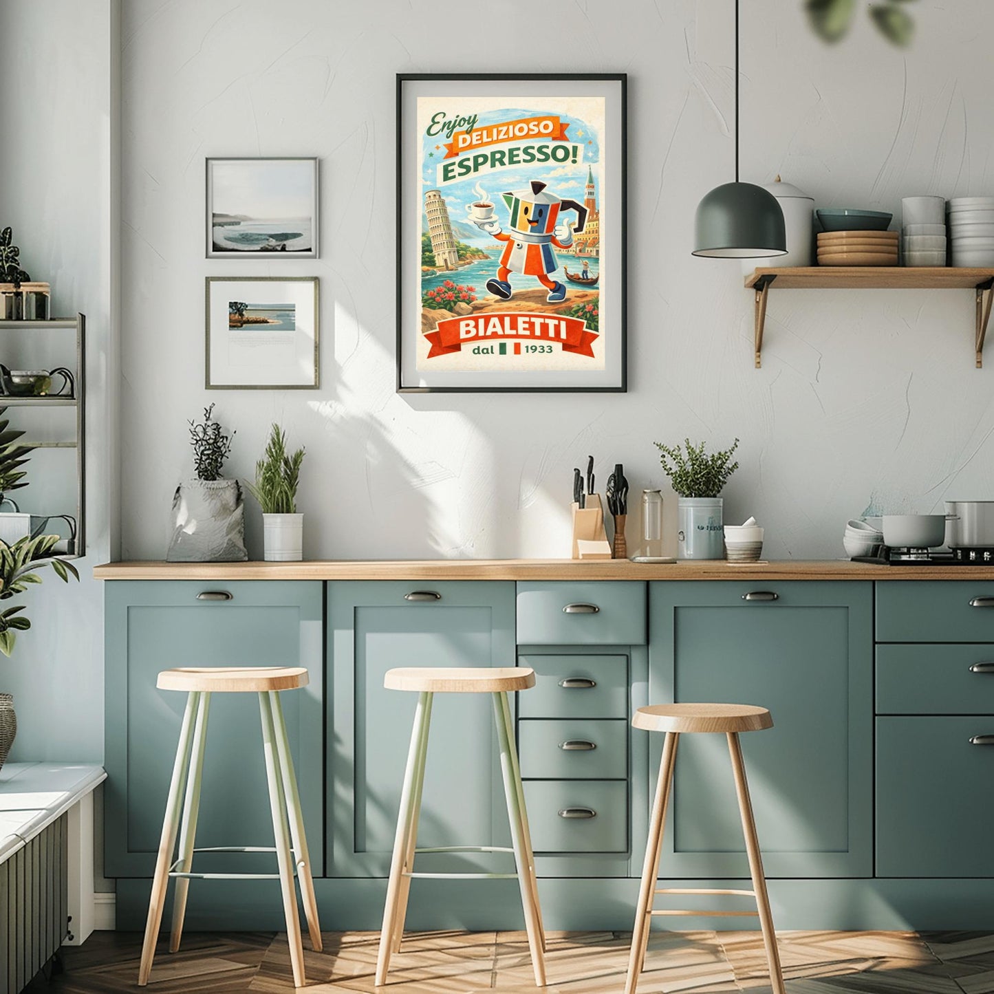 Bialetti Moka Whimsical Bialetti Moka Pot Poster - Retro Italian Espresso Wall Art - Vintage Italy Travel Illustration