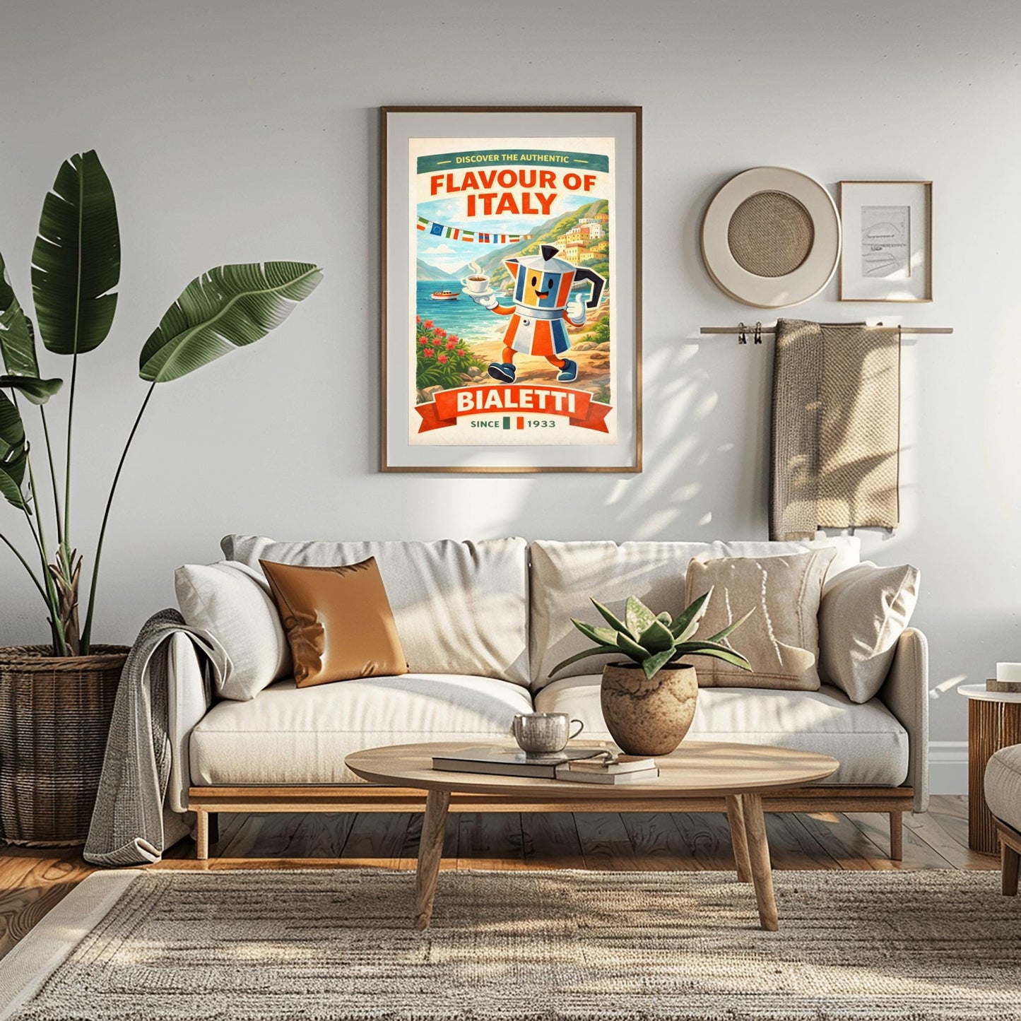 Bialetti Moka Pot Poster - Discover the Authentic Flavour of Italy - Whimsical Italian Coastal Kitchen Art - Retro Coffee Bar Decor