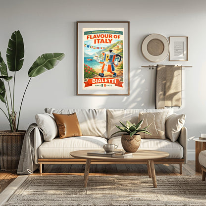 Bialetti Moka Pot Poster - Discover the Authentic Flavour of Italy - Whimsical Italian Coastal Kitchen Art - Retro Coffee Bar Decor