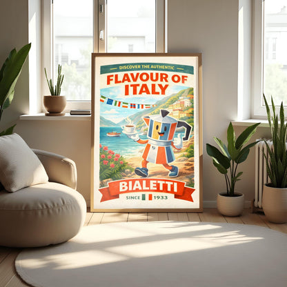 Bialetti Moka Pot Poster - Discover the Authentic Flavour of Italy - Whimsical Italian Coastal Kitchen Art - Retro Coffee Bar Decor