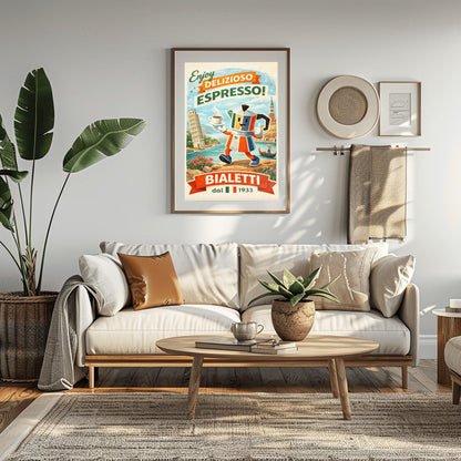 Bialetti Moka Whimsical Bialetti Moka Pot Poster - Retro Italian Espresso Wall Art - Vintage Italy Travel Illustration
