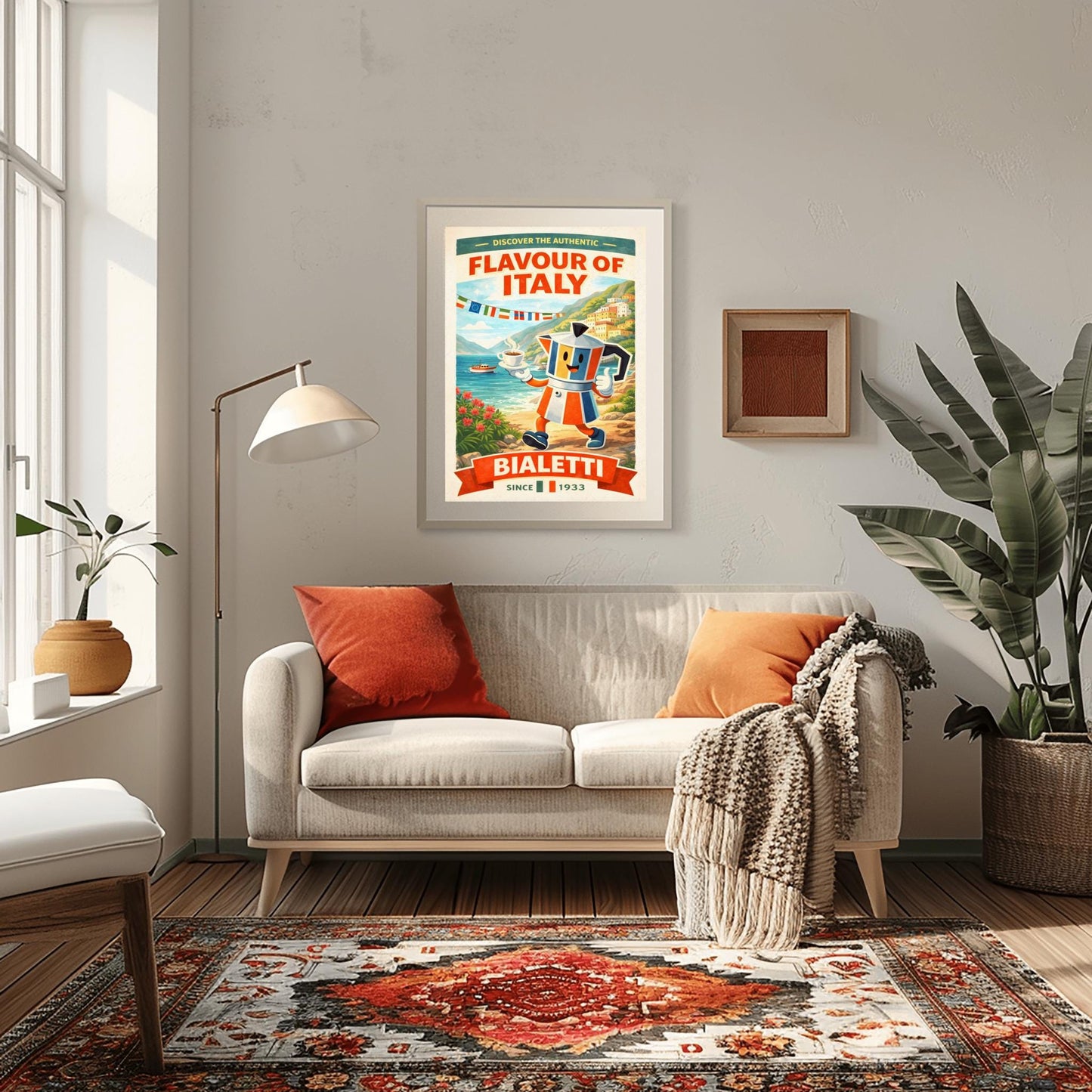 Bialetti Moka Pot Poster - Discover the Authentic Flavour of Italy - Whimsical Italian Coastal Kitchen Art - Retro Coffee Bar Decor